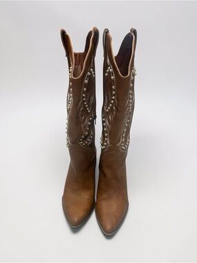 ARULA Brown Pearl-Embellished Western  Boots